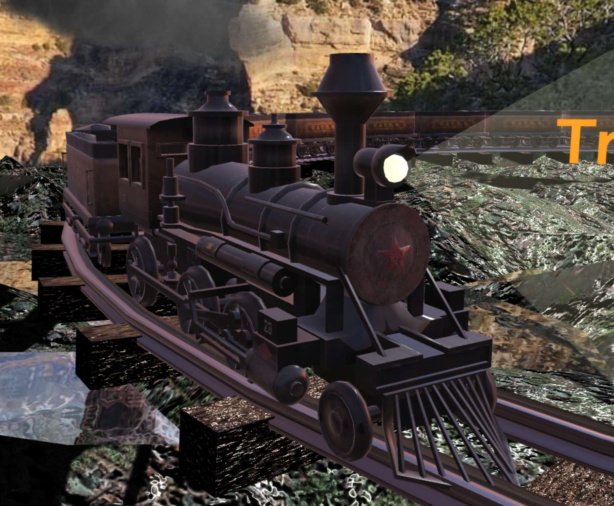 A real-time 3D train environment featuring water shaders and atmospheric visuals inspired by Metro Exodus.