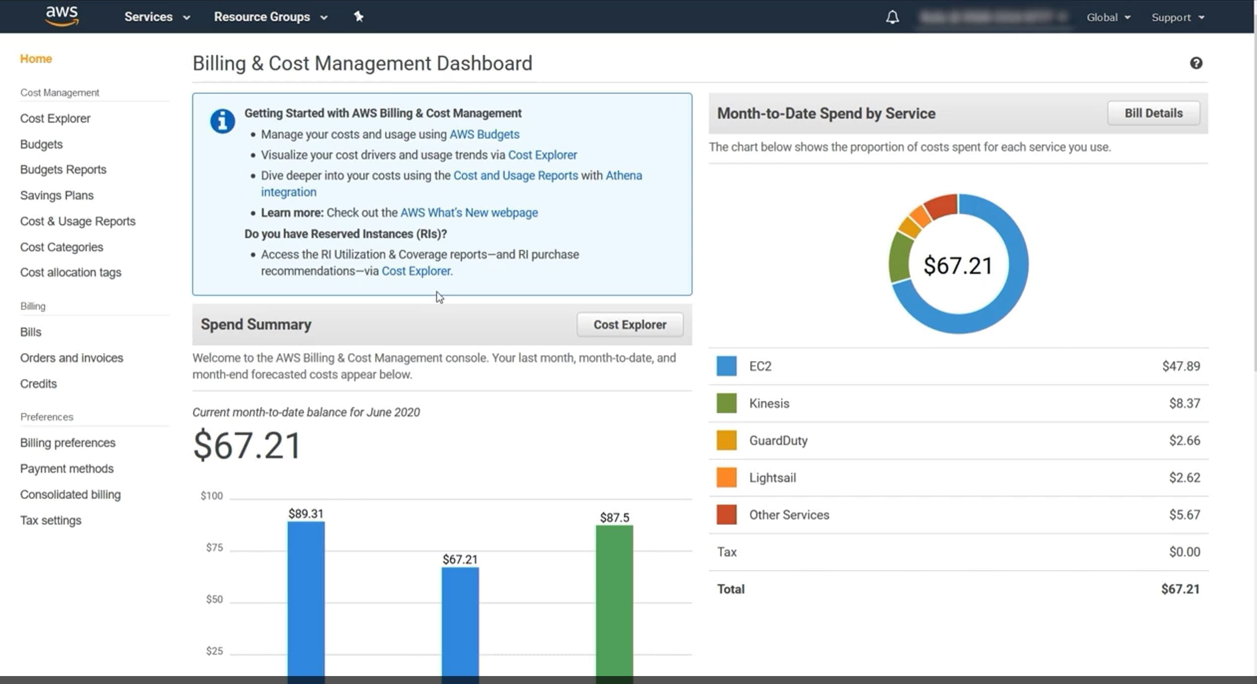 AWS Billing & Cost Management dashboard