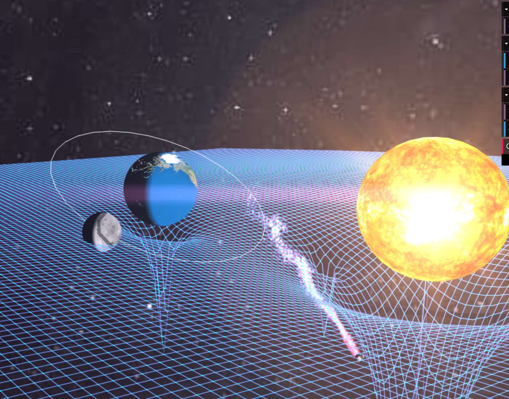 Experiment with gravity and spacetime by placing planets and observing their relativistic interactions. The universe is yours to shape!